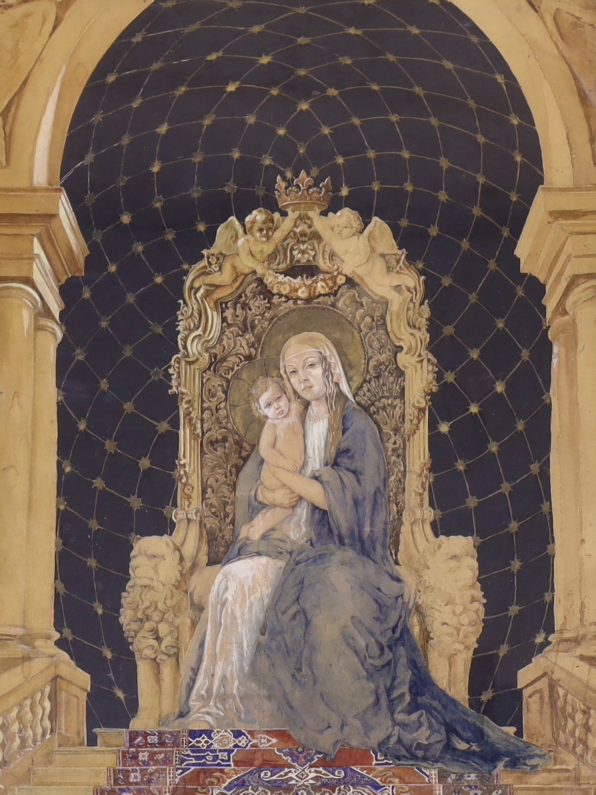 Continental School, heightened watercolour, Study of the Virgin Mary and Child seated on a throne, unsigned, 47 x 35cm